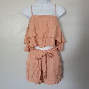 Fashion on Earth Womens Small Peachy Pink Two Piece Set Crop Top Short Swiss Dot